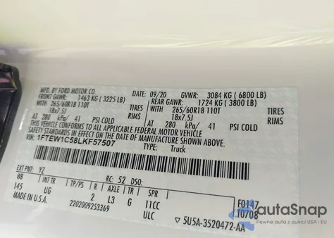 2020 Ford F-150 Xlt z USA, uszkodzony, nr VIN 1FTEW1C58LKF57507